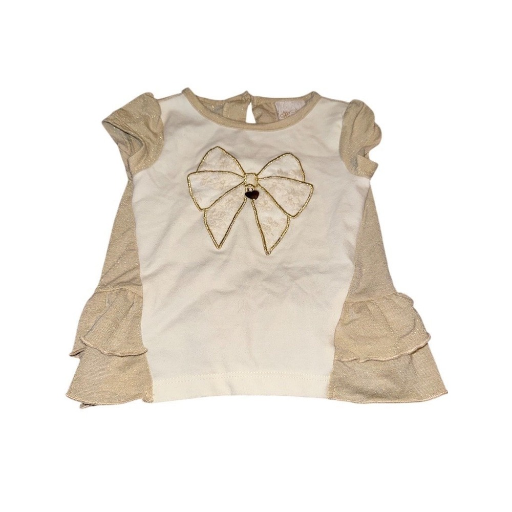 Polly Flinders Heirloom Baby Girl Dress 3-6 M White Gold Bow Ruffle metallic